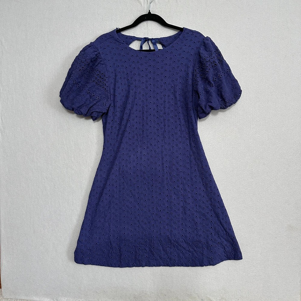 Free People Navy Blue Eyelet Open Back Tie Mini Dress Puff Sleeve Large